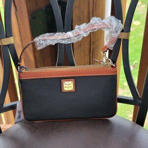 Dooney & Bourke Pebble Grain Large Slim Wristlet – Black with Brown Trim – NWT